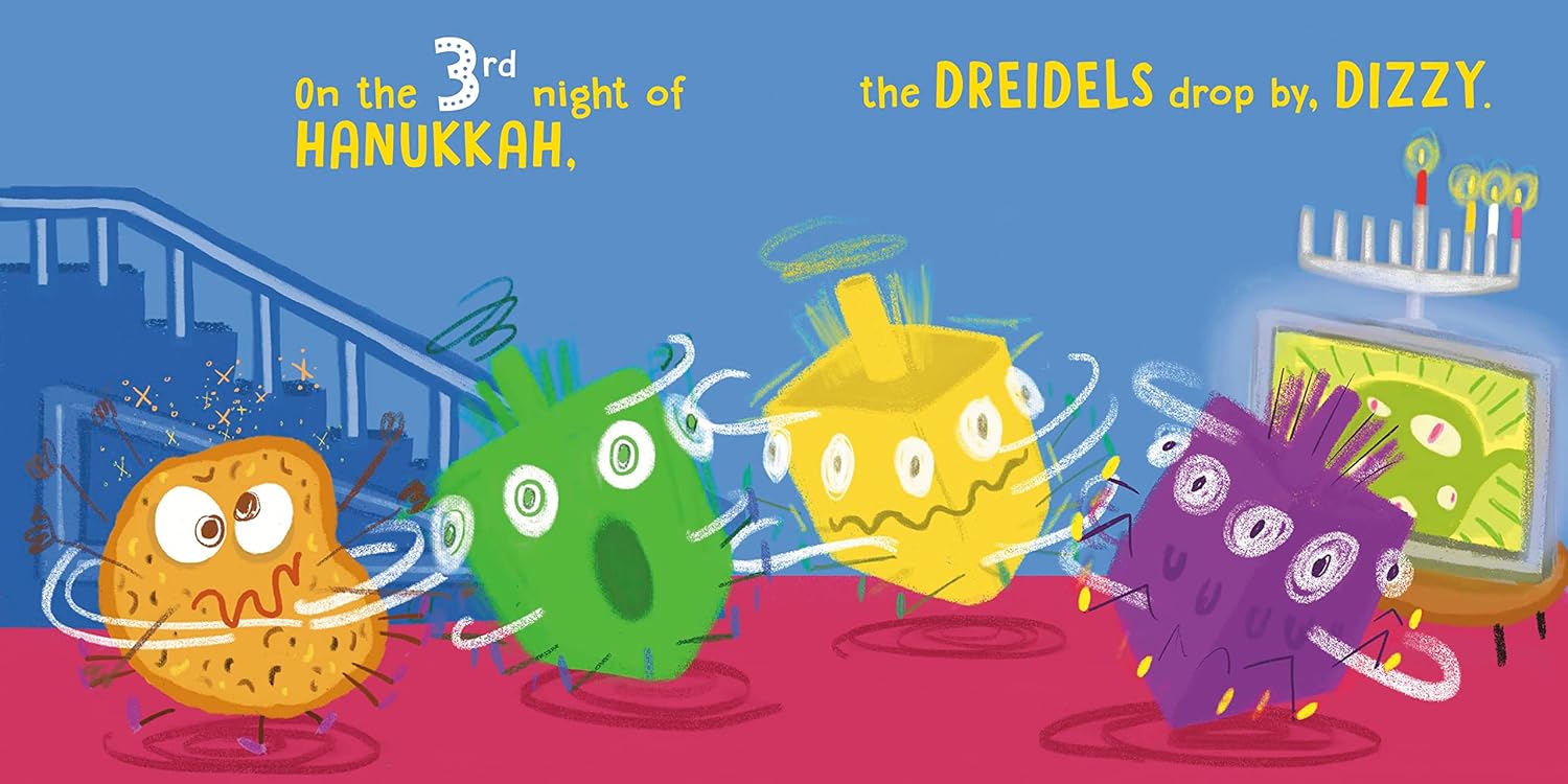 Cartoon dreidels with colorful design on a blue background, featuring text about Hanukkah.