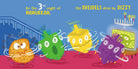 Cartoon dreidels with colorful design on a blue background, featuring text about Hanukkah.