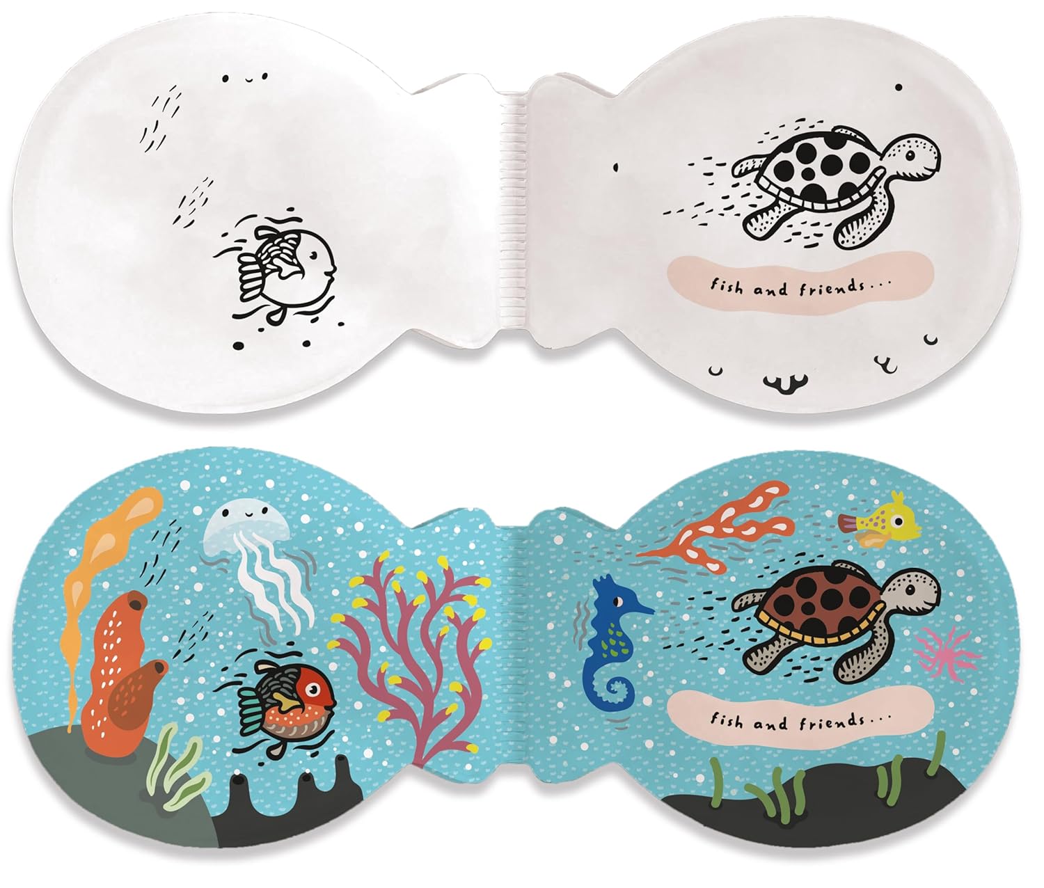 Children's book with ocean-themed illustrations and a brush on a white background