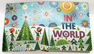 Colorful book cover with illustrations of trees, people, and abstract shapes on a white background