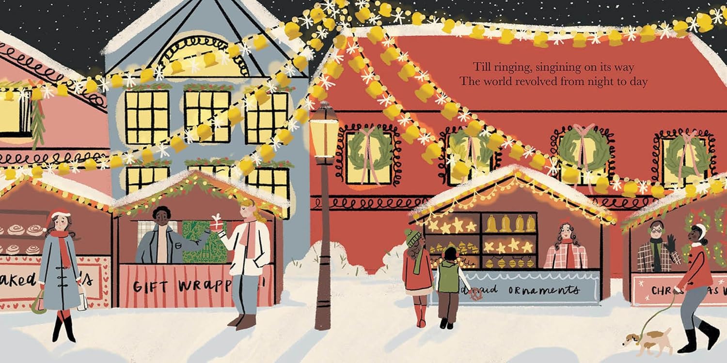 Illustration of a festive street scene with shops and people, decorated with lights and snow.