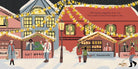 Illustration of a festive street scene with shops and people, decorated with lights and snow.