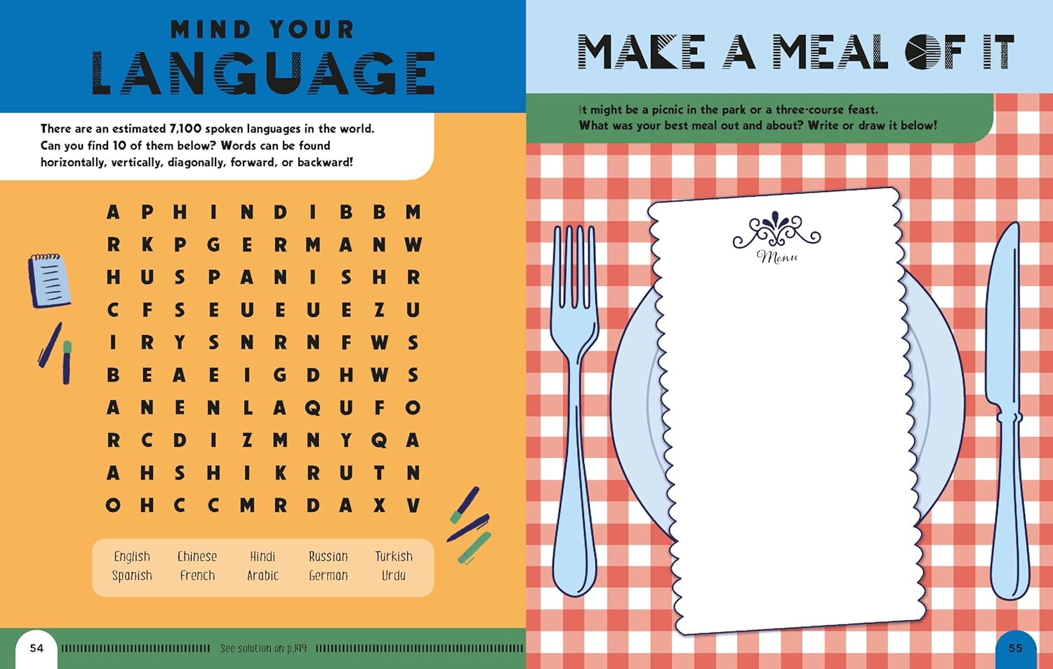 Two pages from a book with a word search puzzle and a meal setting illustration on a checkered background.