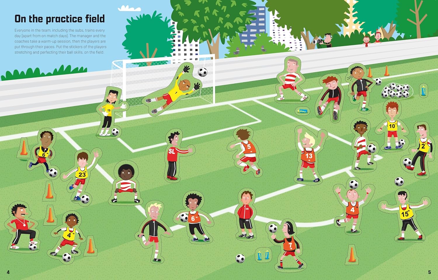 Illustration of children playing soccer on a training ground with cones and a goal.