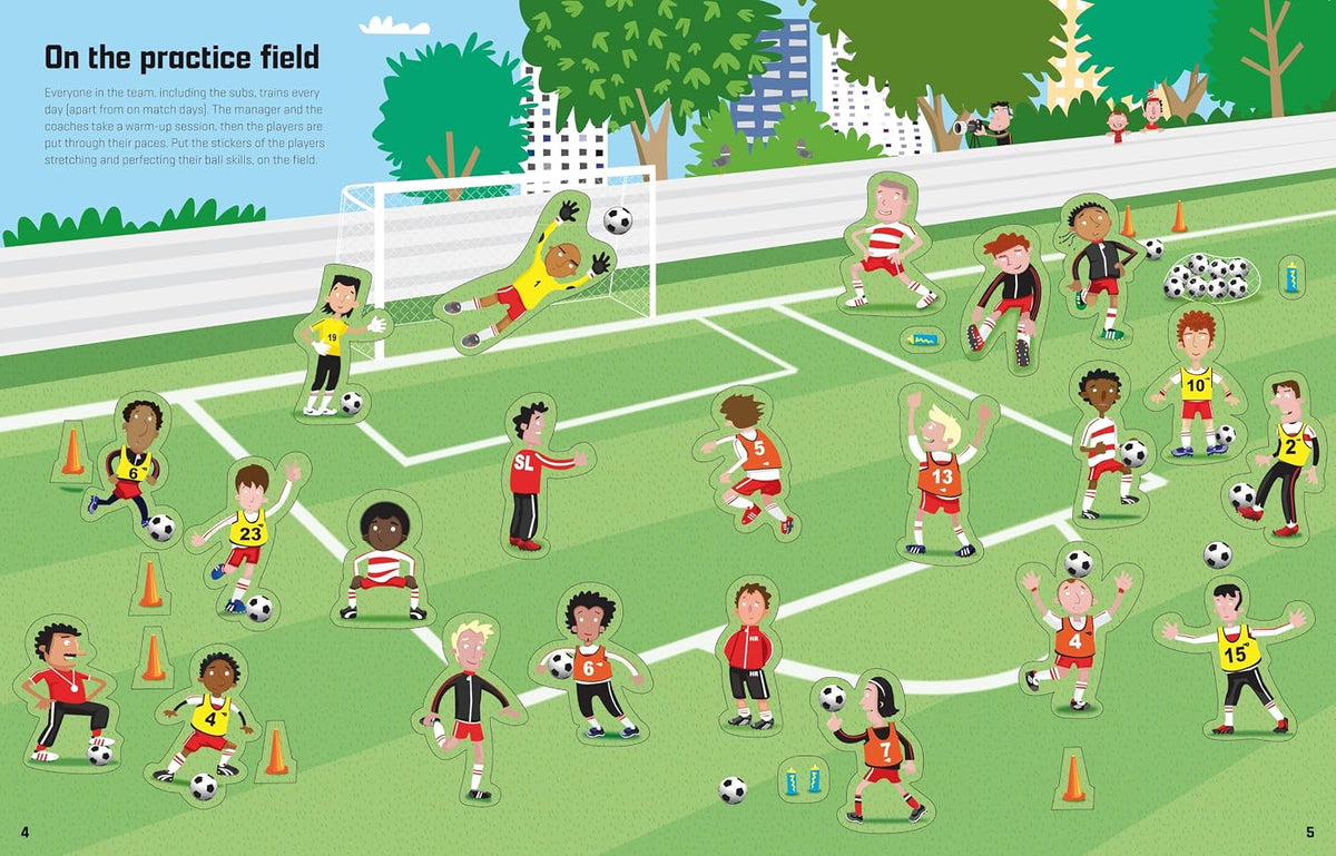 Illustration of children playing soccer on a training ground with cones and a goal.