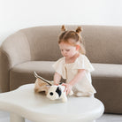 Child playing with a toy dog on a coffee table in a living room.