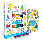 Ooly Yummy Yummy Scented Coloring Kit featuring a colorful box with cartoon illustrations, a set of multicolor markers, and a purple scented marker in front, on a white background.