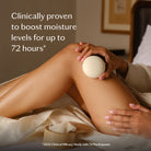 Person applying a skincare product to their leg with text about moisture levels.