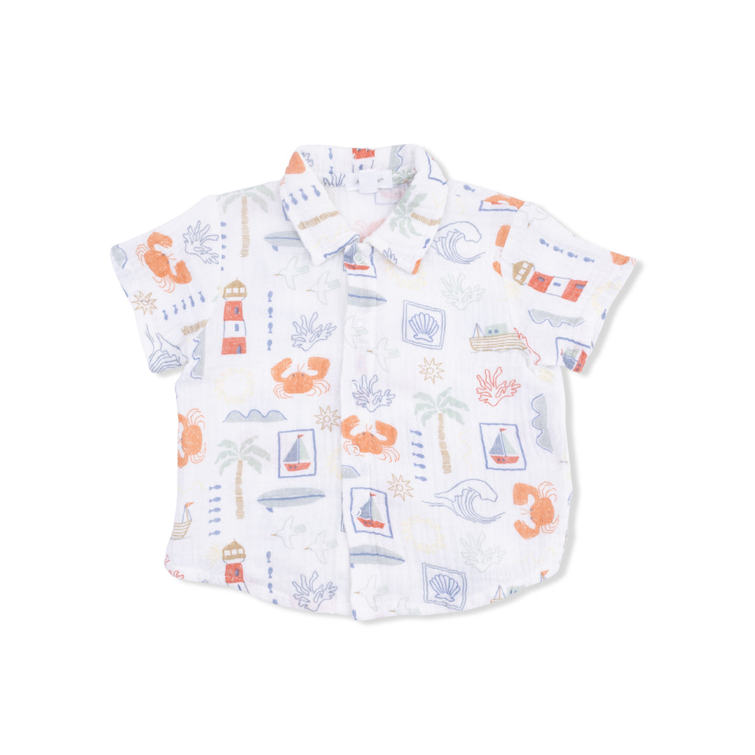 Children's short-sleeve shirt with beach-themed pattern on a white background