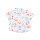 Children's short-sleeve shirt with beach-themed pattern on a white background