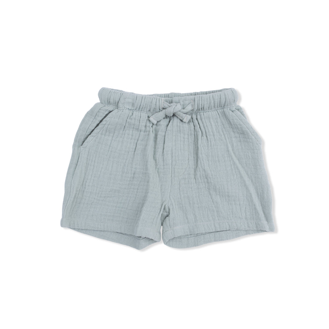 Light blue shorts with a tie waist on a white background
