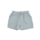 Light blue shorts with a tie waist on a white background
