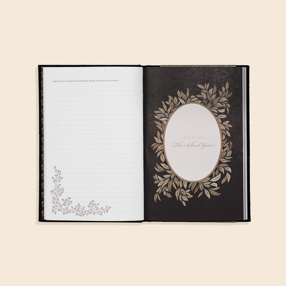 Open book with decorative cover and page on a beige background