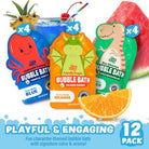 Four packs of bubble bath with colorful packaging and a slice of orange on a white background.