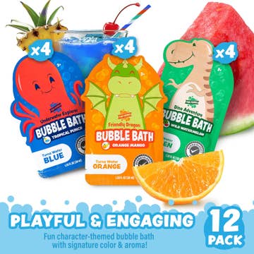 Four packs of bubble bath with colorful packaging and a slice of orange on a white background.