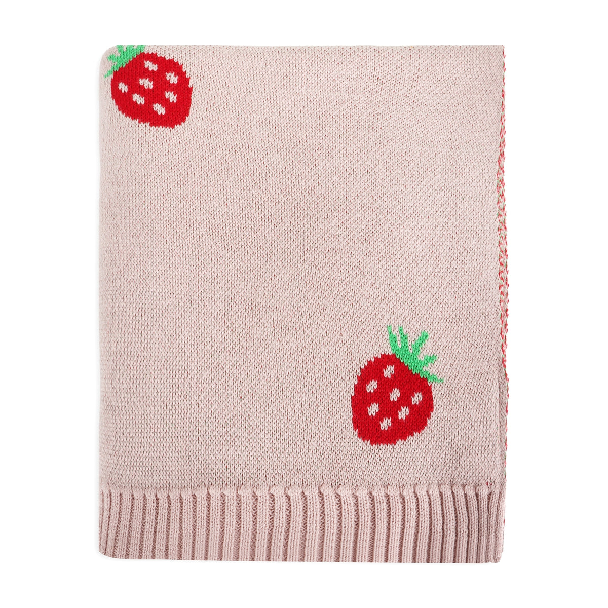 Pink knitted blanket with strawberry patterns on a white background