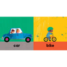 Illustration of a car and a bike with children on a colorful background