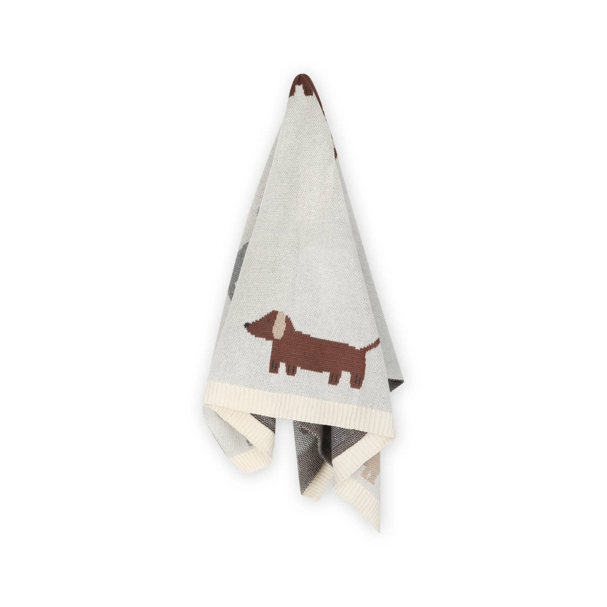 Knitted blanket with a dachshund pattern on a white background