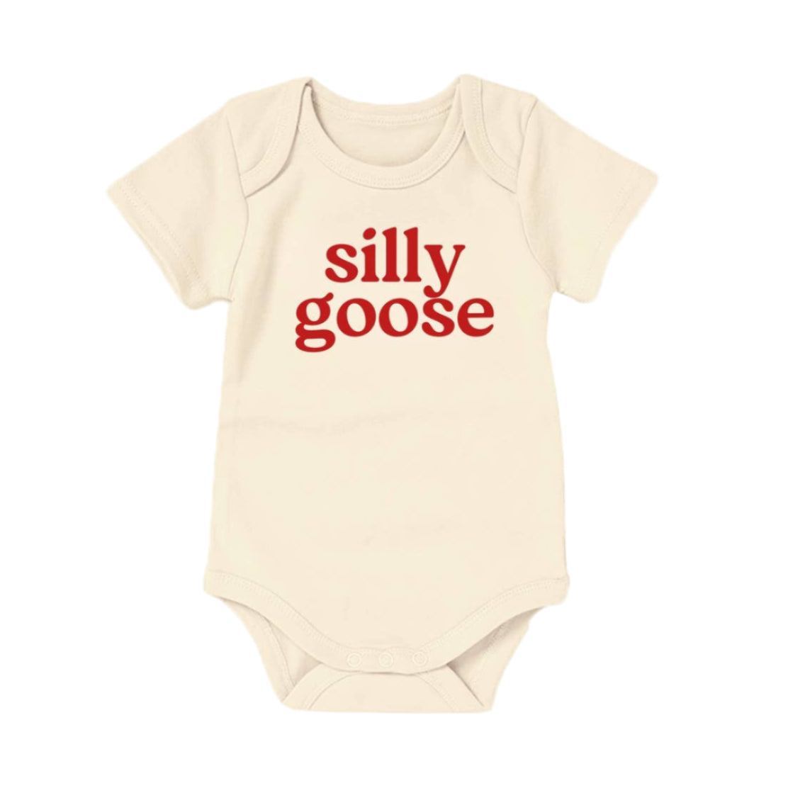 Beige baby onesie with red text 'silly goose' on a white background