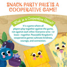 Promotional graphic for the cooperative game 'Snack Party Pals' with orange title text at the top, a beige textured background, a white oval callout explaining what a cooperative game is, and three cute cartoon snack characters in blue, yellow, and green faces.