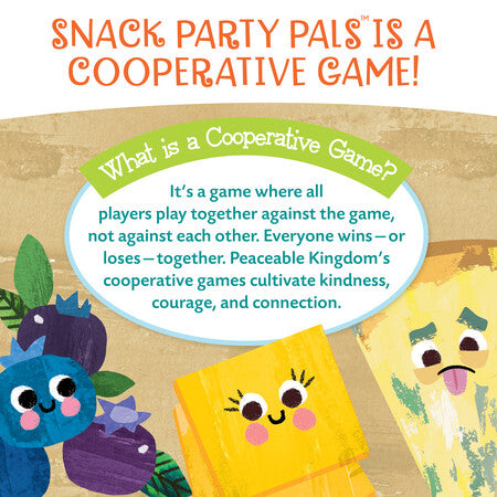 Promotional graphic for the cooperative game 'Snack Party Pals' with orange title text at the top, a beige textured background, a white oval callout explaining what a cooperative game is, and three cute cartoon snack characters in blue, yellow, and green faces.