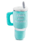 A plush novelty coffee mug toy in light aqua blue with a white interior, a gray spoon handle, and the words 'PAWS AND REFRESH' embroidered on the front, shown on a white background.