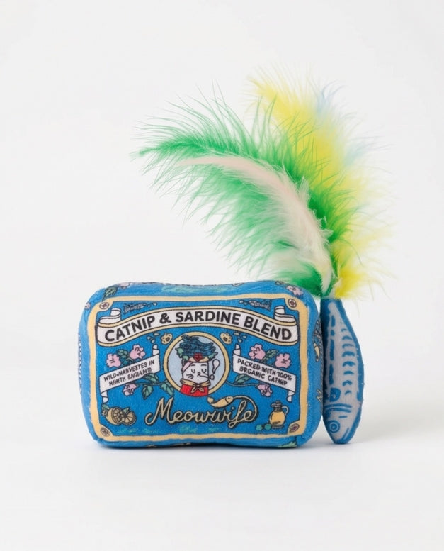 Catnip and sardine blend toy with feathers on a white background