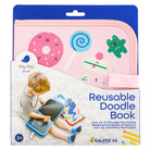 Tony Tony Bird Reusable Doodle Book set in its retail packaging, featuring a pink zippered cover decorated with colorful cartoon doodles, and a front panel showing a child using the blue and black drawing tablet.