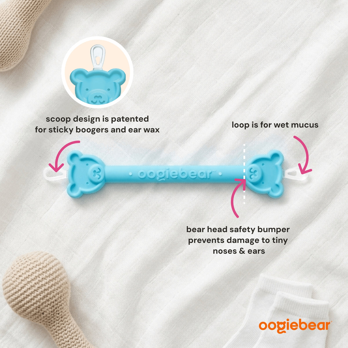 Blue oogiebear ear cleaning tool with features highlighted on a white background