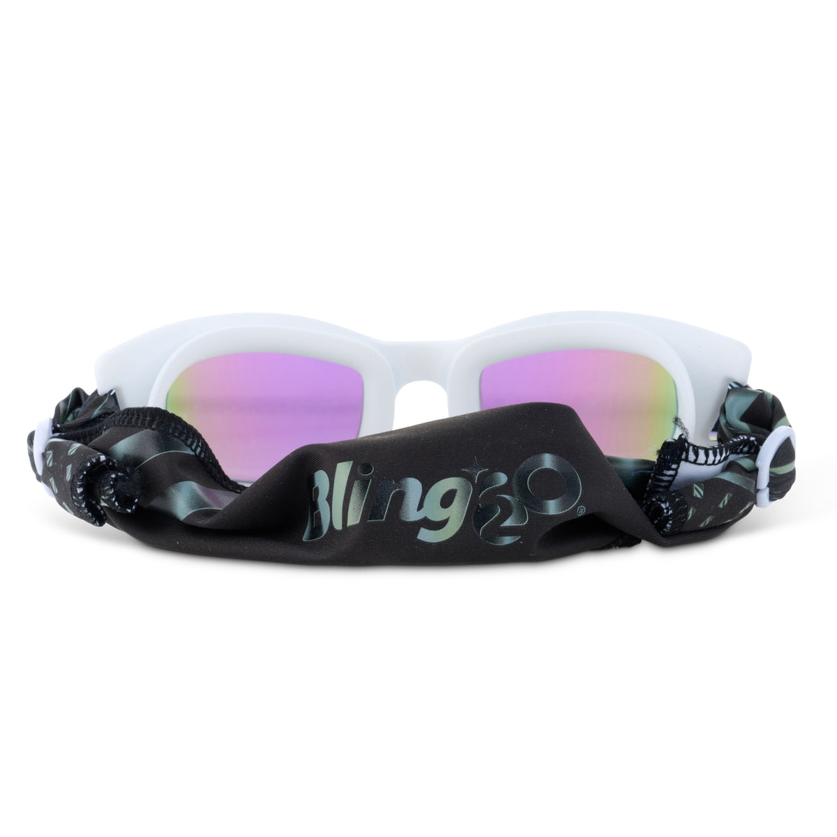 Goggles with black frame and white arms featuring pink lenses on a white background