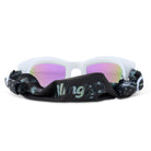 Goggles with black frame and white arms featuring pink lenses on a white background
