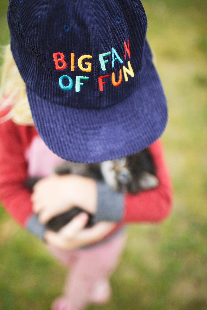 Navy blue cap with colorful text 'BIG FAN OF FUN' worn by a person in a grassy outdoor setting.