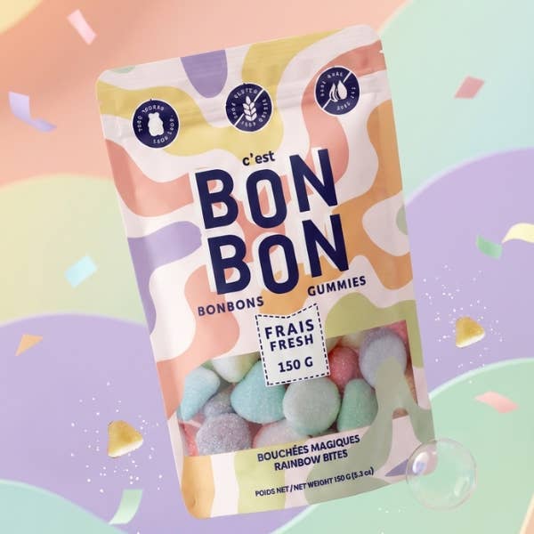 Packaging of Bon Bon gummies with colorful design on a pastel background