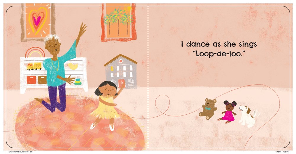 Illustration of children and a women dancing on a pink background.