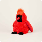A full-body view of the Red Cardinal by Warmies plush toy, showcasing its bright red fuzzy fur, textured crest, black face with a red beak, and soft black feet standing against a neutral background.
