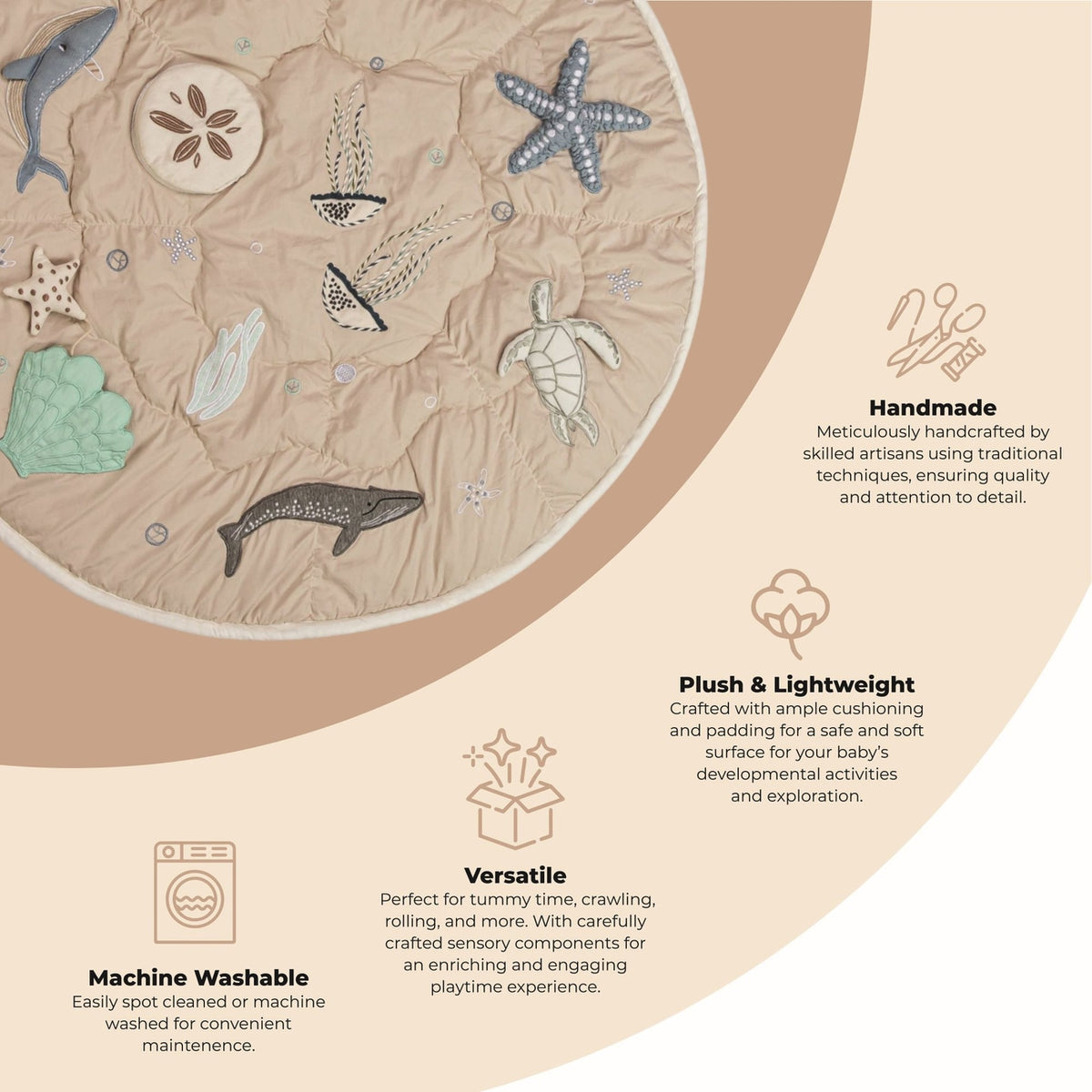Round cushion with sea creature illustrations and text describing its features on a beige background.