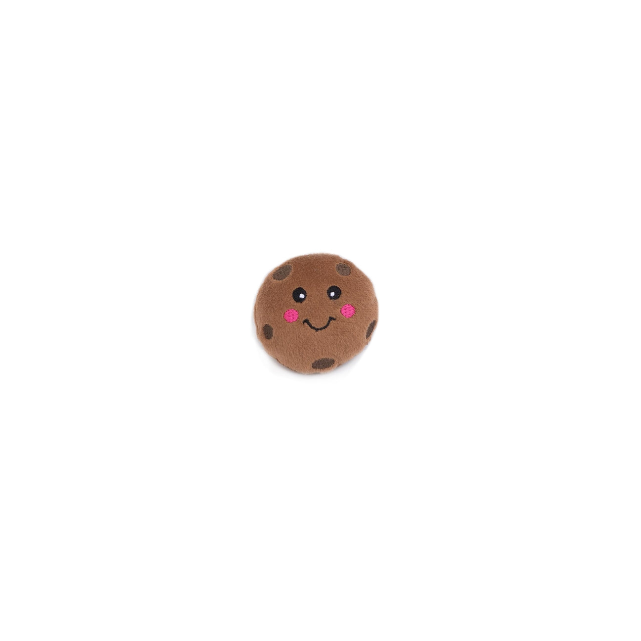 A small brown plush toy shaped like a round cookie with embroidered facial features, including black eyes, a curved smile, and pink cheeks, centered on a plain white background.