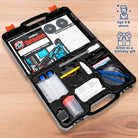 Open detective kit with tools and accessories on a wooden surface, featuring Spy Labs branding.