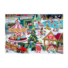 Christmas-themed puzzle with festive market scene, Santa's Toys store, and carousel.