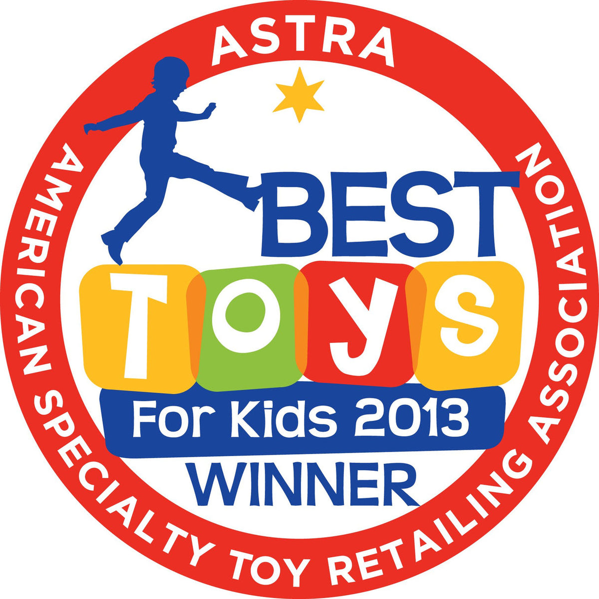 Logo for Astra Best Toys for Kids 2013 winner, featuring a child playing with colorful blocks.