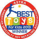 Logo for Astra Best Toys for Kids 2013 winner, featuring a child playing with colorful blocks.