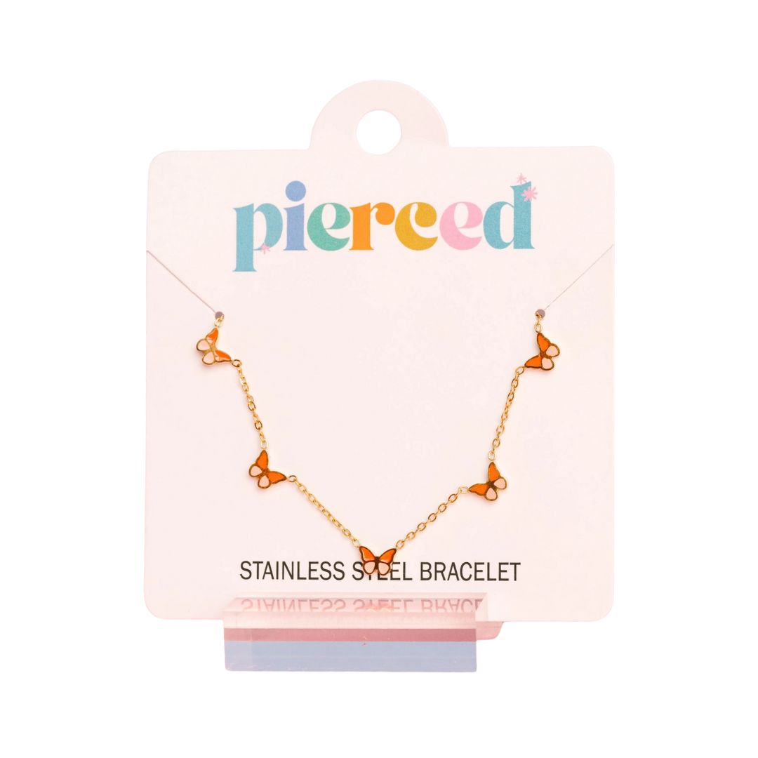Stainless steel bracelet on a 'pierced' branded card with a white background