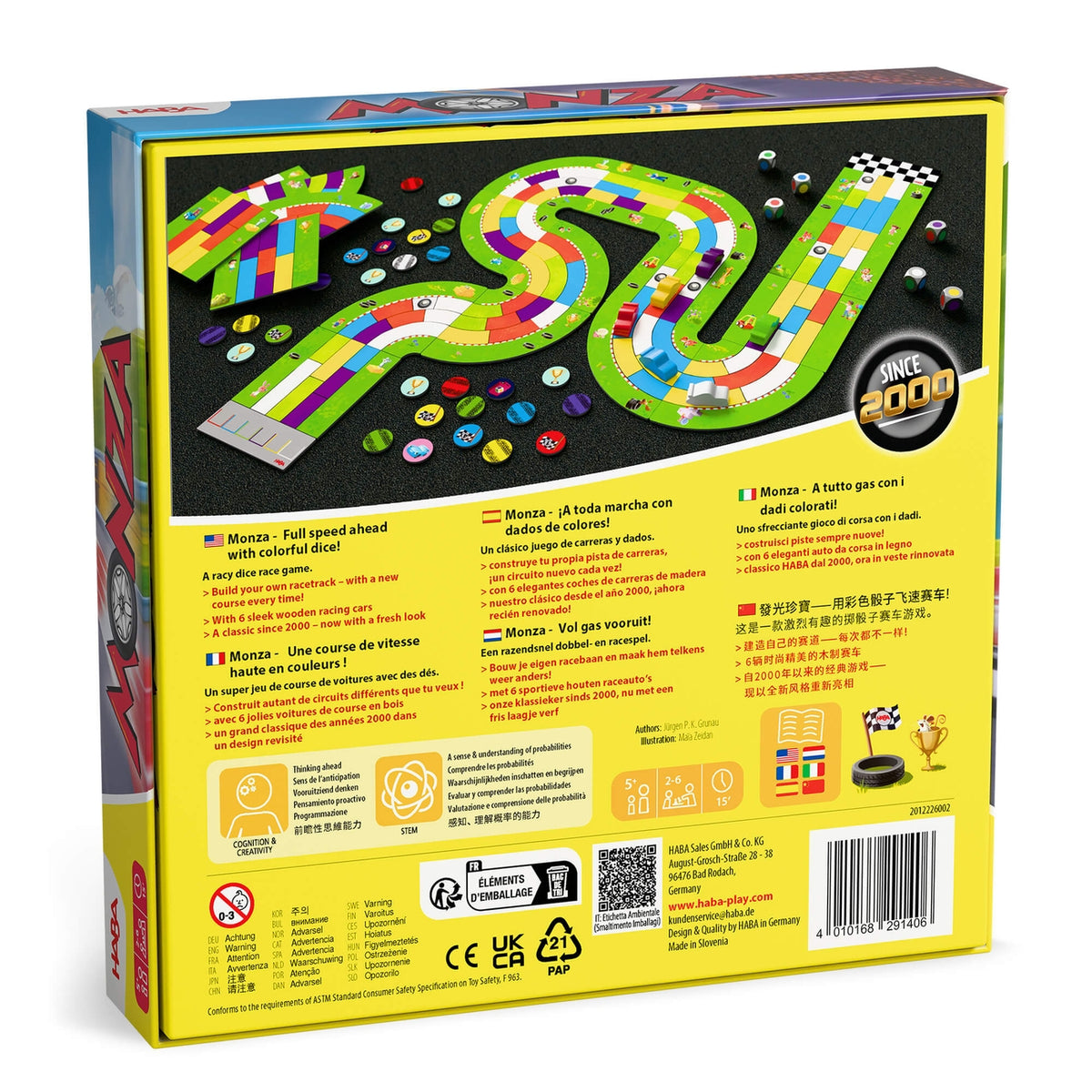 The back of a board game box shown on a plain white background. The box is predominantly bright yellow with a large multicolored winding track graphic across the top, plus multilingual rules text, icons, and a barcode near the bottom.