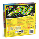 The back of a board game box shown on a plain white background. The box is predominantly bright yellow with a large multicolored winding track graphic across the top, plus multilingual rules text, icons, and a barcode near the bottom.