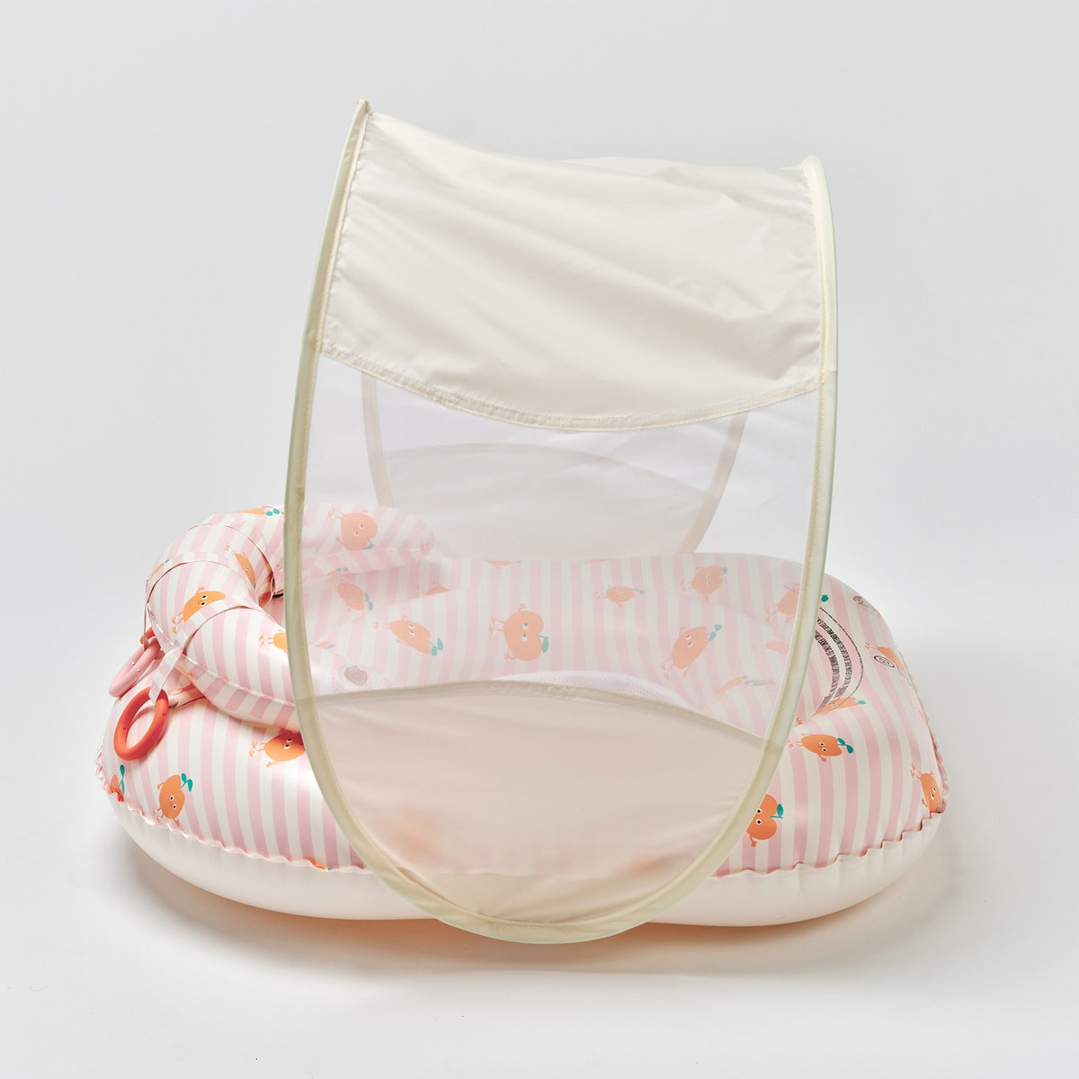 Baby inflatable pool seat with canopy on a light gray background