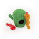 Green cat toy house with orange and red elements on a white background