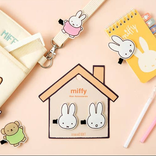 Miffy hair accessories set with packaging on a pink background