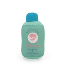 A miniature green toy bottle of shampoo and body wash with a textured blue cap, featuring a floral design on the front, standing against a white background.