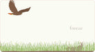 Illustration of a hawk flying over grass with the word 'freeze' below.