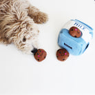 Dog toy shaped like a milk carton with cookies and a dog lying next to it on a white background